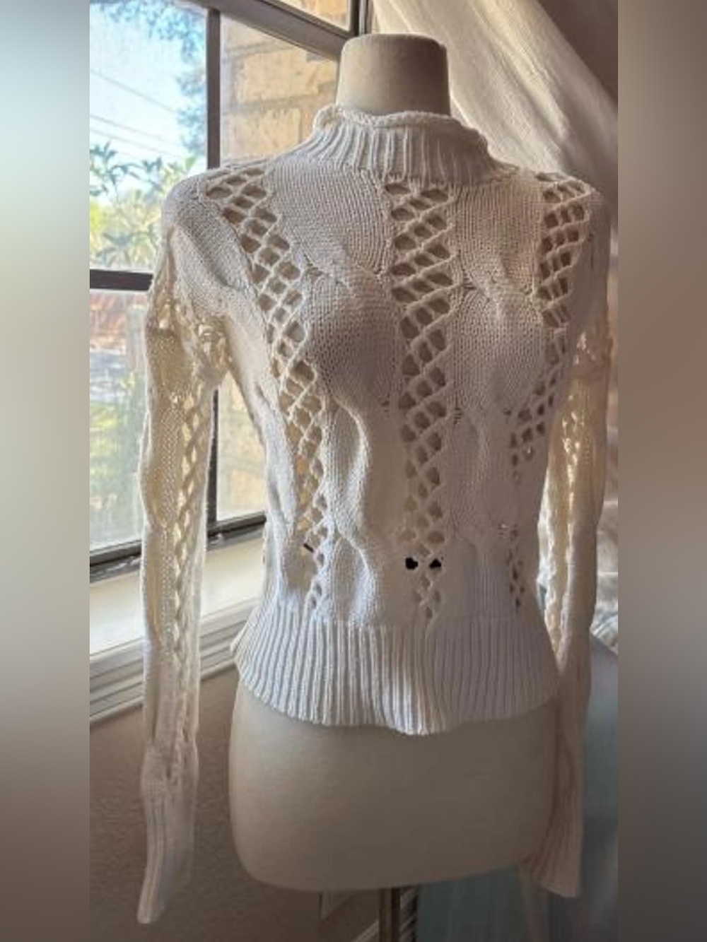 Express White open cable knit mock neck sweater